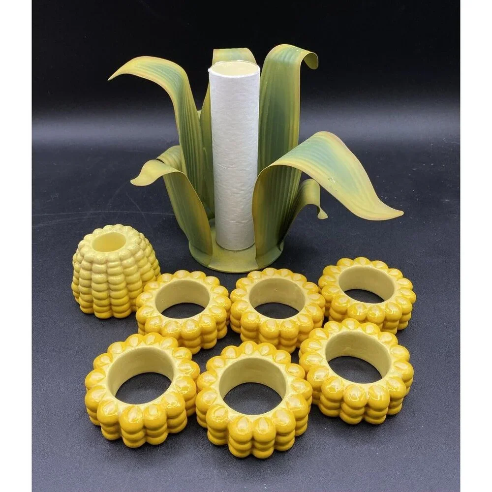 Yellow Corn On The Cob 6 Napkin Rings Candle Holder Napkin Holder Set Vintage